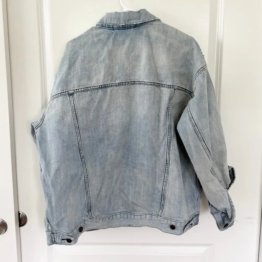Free People Distressed Oversized Trucker Denim Jacket Medium Large - Picture 3 of 5